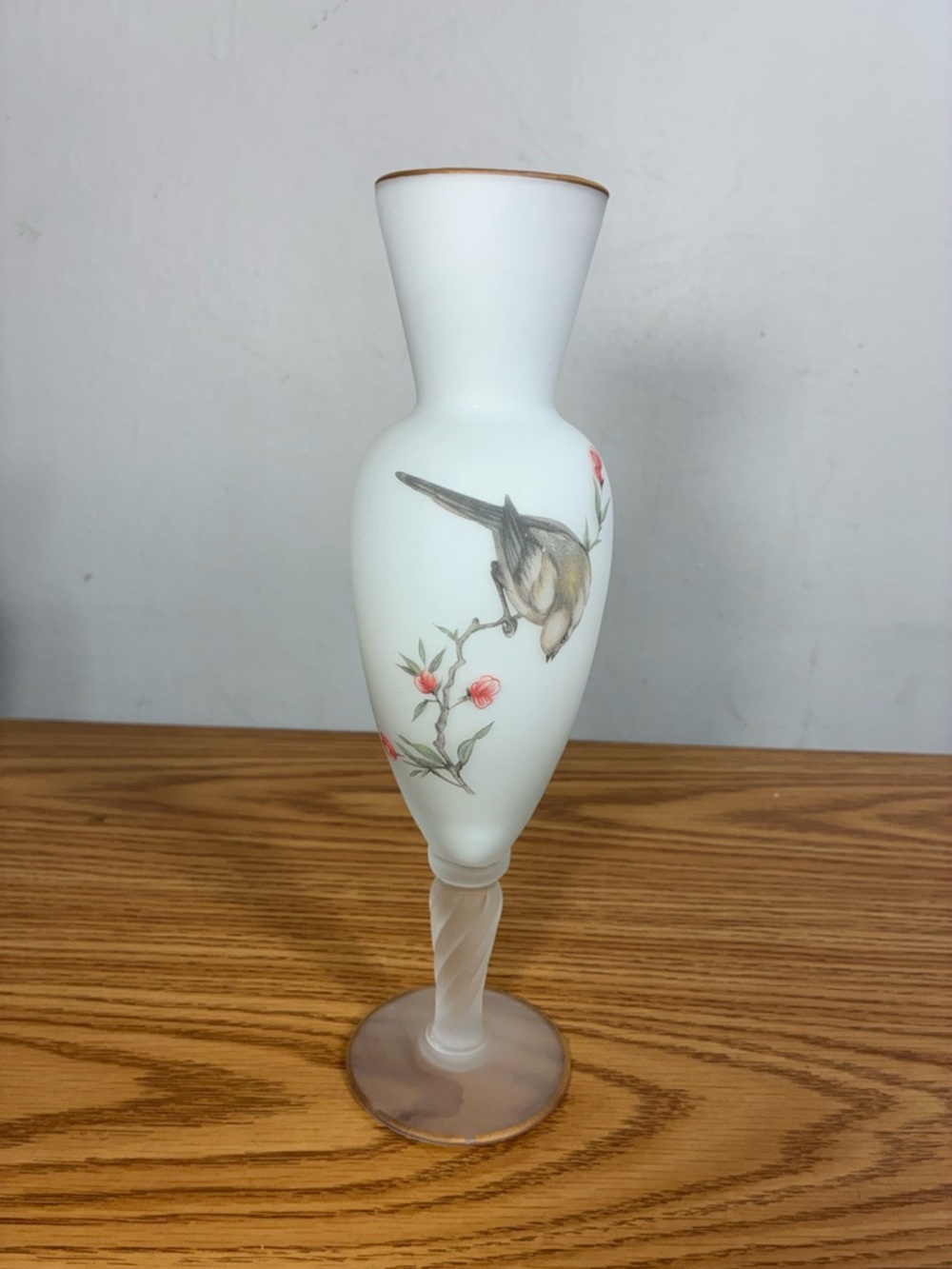 Italian Norleans Frosted Glass Bud Vase with Bird Motif